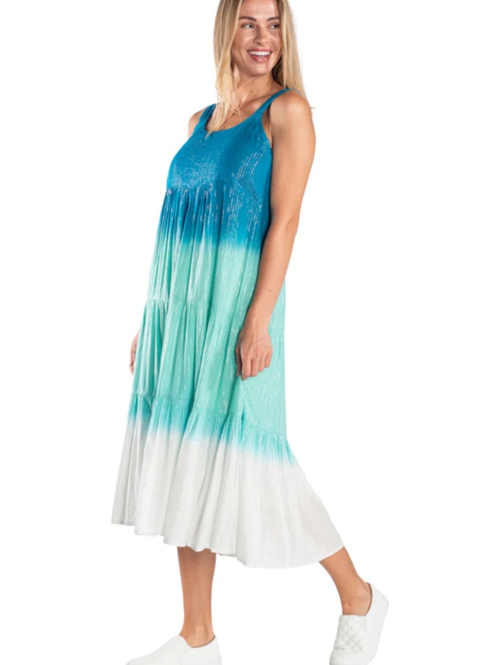 LINDA ANDERSON Blue White Green Ombre Metallic Thread Tank Maxi Dress XXL